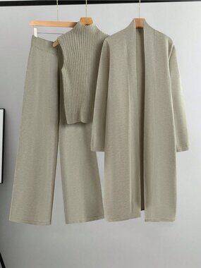 Olive Green Casual Women's Rib-Knit Stand Collar Cardigan